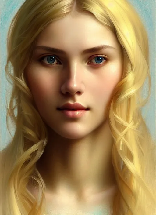 Image similar to beautiful ukrainian feminine face! portrait of young woman blessed by god with ever - increasing physical and mental perfection, blonde hair, symmetrical! intricate, elegant, highly detailed, vision of holy perfection!! smile, digital painting, artstation, concept art, smooth, sharp focus, illustration, art by artgerm and greg rutkowski and alphonse mucha