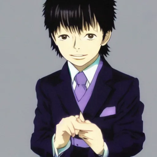 Image similar to pale little boy wearing a purple suit, artwork by eiichiro oda