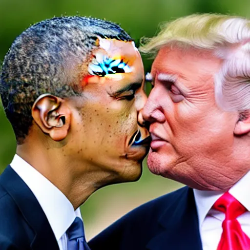 Prompt: photo of barack obama touching lips with donald trump