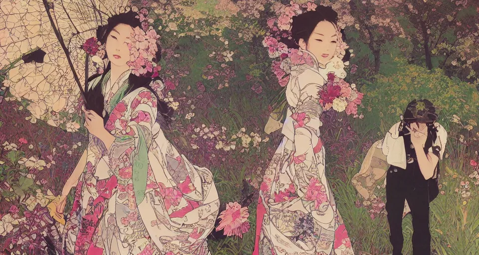 Image similar to oil painting, long shot, beautiful floralpunk japanese girl illustration walking in a park, detailed patterns art of japan traditional dress, flower pop art, floral splash painting, art by ashley wood, alphonse mucha, makoto shinkai, geof darrow, dark shadow