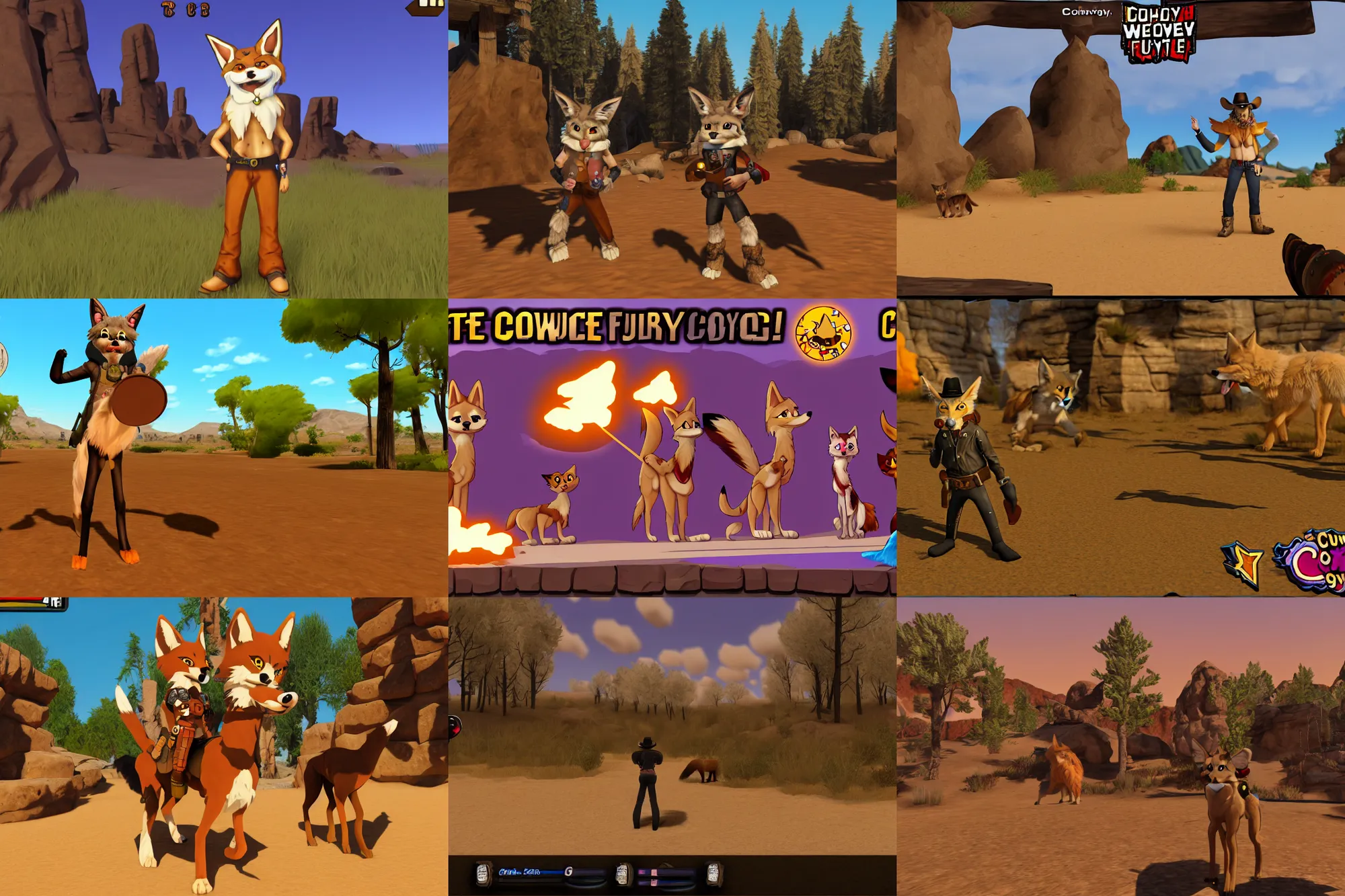 Prompt: furry - coyote - cowboy - fursona uhd ue 5 pc game screenshot : meowdy