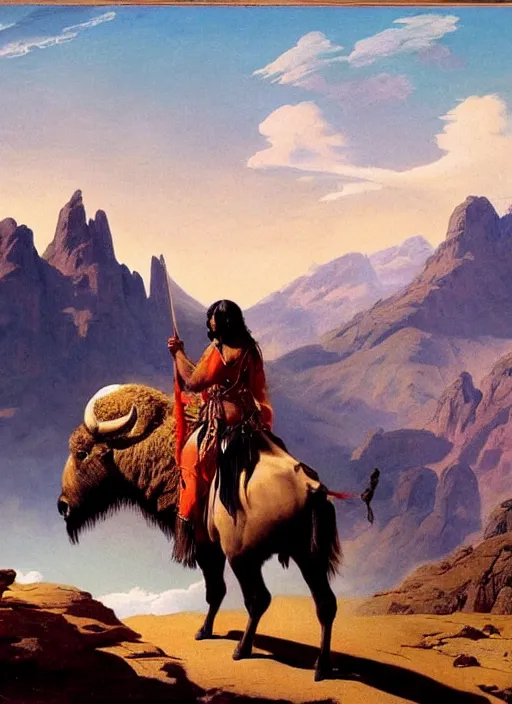 Image similar to native american riding bison, buffalo, native american warrior, mountain range, beautiful sky, standing on the edge of a cliff, 1 9 th century, painted by frazetta