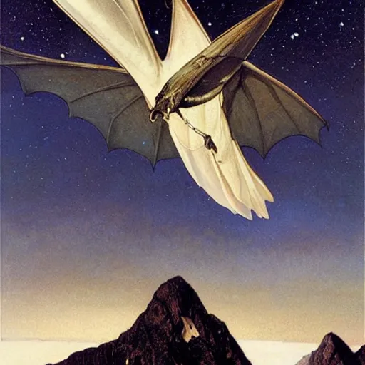 Image similar to hyper realistic white bat, flying against a dark black night sky, mountain in the background, moonlight, denoised, very detailed, painted by james gurney, alphonso mucha, norman rockwell, tom bagshaw