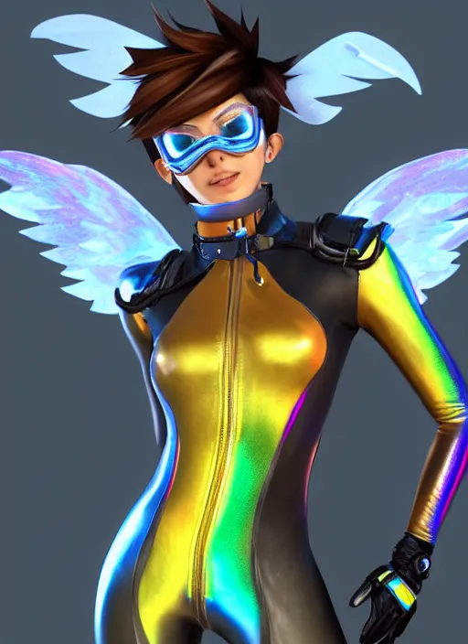 Image similar to portrait bust digital artwork of tracer overwatch, wearing iridescent rainbow latex and leather straps catsuit outfit, 4 k, expressive happy face, makeup, in style of mark arian, angel wings, wearing detailed leather collar, chains, black leather harness, detailed face and eyes,