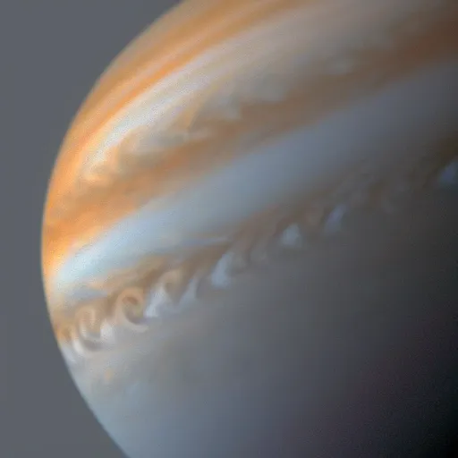 Prompt: a photograph taken by a camera on europa, photograph is of jupiter in the sky, the horizon is visible,