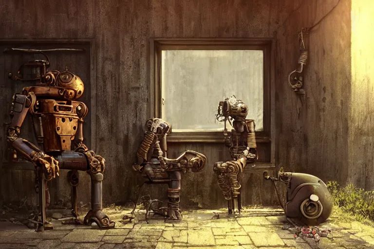 Prompt: close up of a big old rusty robot and a boy sitting and talking to each other on the porch of an old house, steampunk, neo goth, by artgerm, by greg rutkowski, by brian froud!!!, by beksinski, octane render, hd, evening mood, dynamic lighting