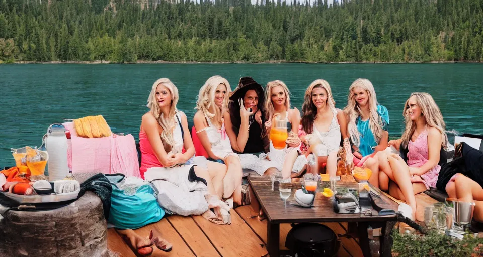 Image similar to storyboard of girls weekend on a lake, mimosas