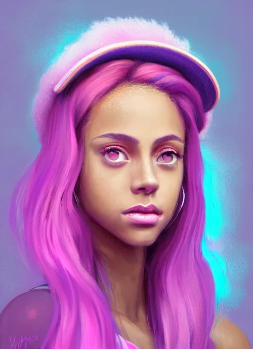 Prompt: portrait of vanessa morgan, teenage girl, pink hair, wavy pixie haircut, purple newsboy cap, fluffy pink hair coming out from under cap, hoop earrings, confident, energetic, spunky, intricate, elegant, glowing lights, highly detailed, digital painting, artstation, concept art, sharp focus, illustration, art by wlop, mars ravelo and greg rutkowski