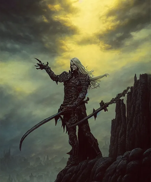 Image similar to elric of melnibone, artwork by michael whelan, full figure, action pose, dramatic lighting, cinematic, hyperrealistic, highly detailed, artstation, fantasy background setting including a city, weird - dreamlike landscape and dramatic sky