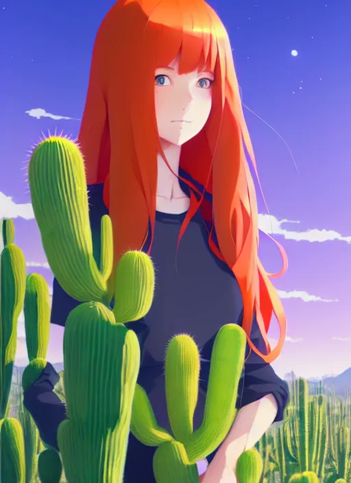 Image similar to portrait of cute redhead girl in orange jumpsuit with fox ears, holding a cactus, cloudy sky background lush landscape illustration concept art anime key visual trending pixiv fanbox by wlop and greg rutkowski and makoto shinkai and studio ghibli