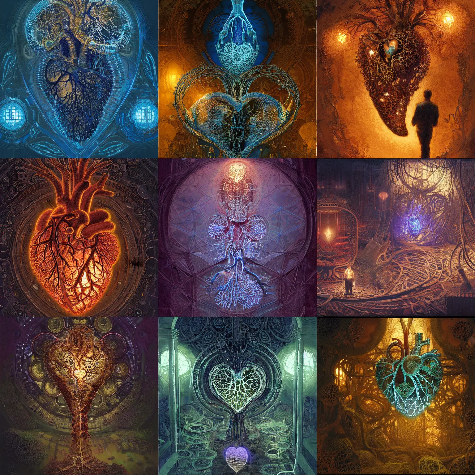 Prompt: a biological human heart as an intricate detailed ornate bioluminescent organic machine, volumetric lighting, dark background, oil painting by craig mullins, by moebius, by mattias adolfsson