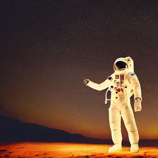 Image similar to astronaut silhouette with arms extended forward, bottom of arms lit by light coming from off camera, light coming from below, starry sky background, lit from below, full body photo,, 8 k