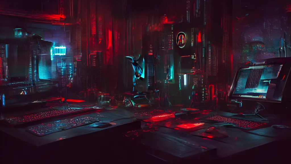 Image similar to a cyberpunk overpowered computer. Overclocking, watercooling, custom computer, cyber, mat black metal, orange neon stripes, alienware, futuristic design, Beautiful dramatic dark moody tones and lighting, Ultra realistic details, cinematic atmosphere, studio lighting, shadows, dark background, dimmed lights, industrial architecture, Octane render, realistic 3D, photorealistic rendering, 8K, 4K, computer setup, intricate details