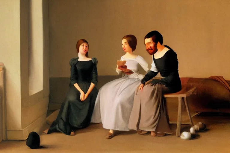 Prompt: beautiful painting of friends, beautiful faces, sitting on the edge, cute, soft light, digital painting by diane arbus and ralph mcquarrie and pieter de hooch
