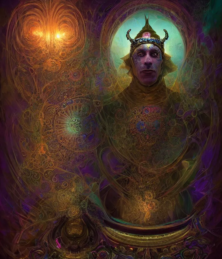 Prompt: front!!! shot of a court jester!!! character, mesmerizing fractal hypercubes, dark holography!!!, future, oil slick, crystalline edges, (((intricate))), elegant, highly detailed, centered, (((artstation, concept art, smooth, sharp focus, artgerm, Tomasz Alen Kopera, Peter Mohrbacher, donato giancola, Joseph Christian Leyendecker, WLOP, Boris Vallejo))), ((raytracing)), mugshot!!!!!, ugly!!!!!!, octane render, nvidia raytracing demo, octane render, nvidia raytracing demo, octane render, nvidia raytracing demo, grainy, muted, 8K, digitalblasphemy, metatron