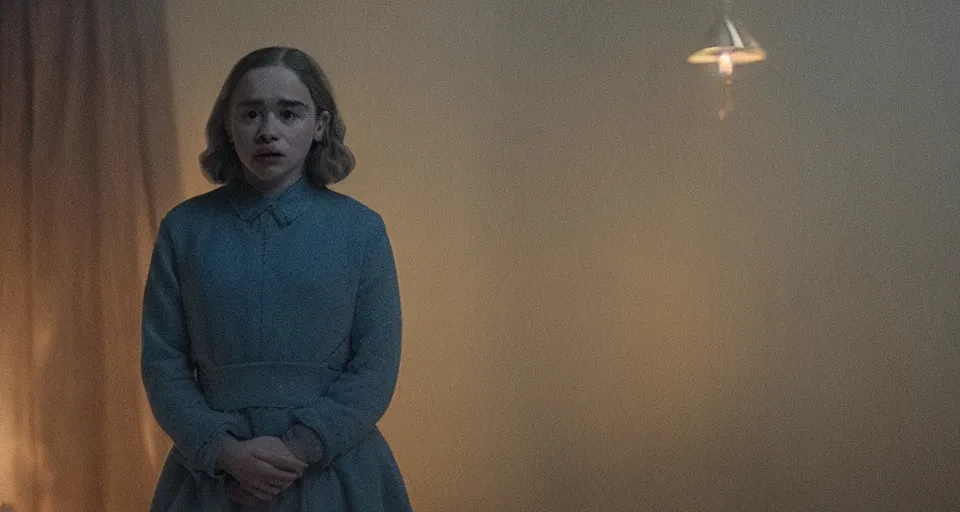 Image similar to Emilia Clarke in Hereditary (2018) high contrast lighting, night scene, blue and orange palette, film still