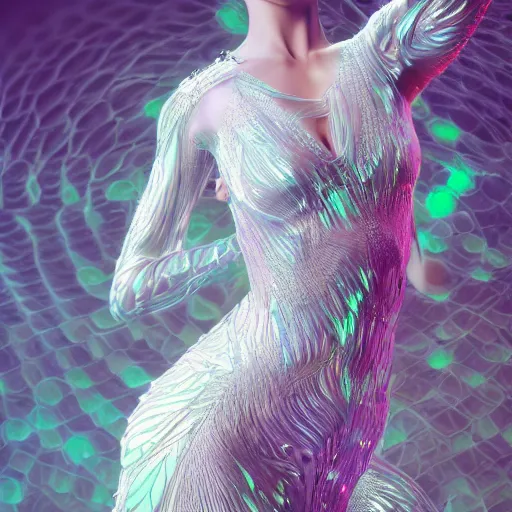 Image similar to a highly detailed ethereal full body, digital image of a elegantly posed dancing futuristic woman beautifully intertwined in realistic chrome foliage dress liquid like water, full body shot, by Andrew Chiampo, artstation, and Frederik Heyman, extremely detailed woman, stunning volumetric lighting, hyper realism, fantasy, intricate detail, 4k,