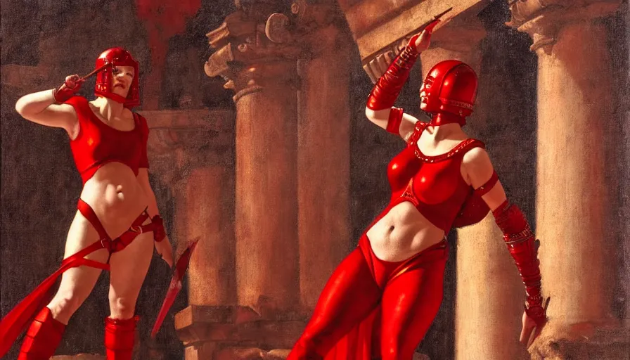 Image similar to only with red, an armored female gladiator in a crowded roman amphitheatre, crowd cheering, in the style of rolf armstrong and ambrosius benson and edward hopper and and rodcenko, intricate and epic composition, red by caravaggio, highly detailed, masterpiece, red light, artstation