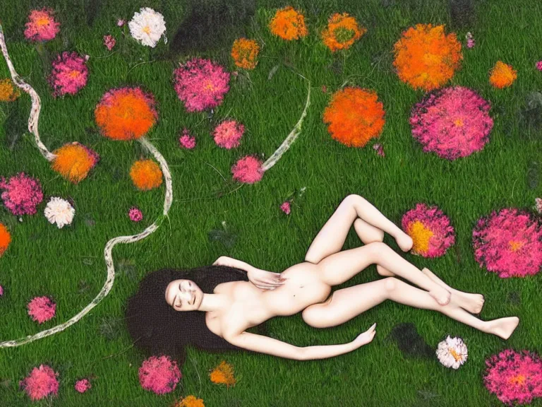 Prompt: abstract painting of drone view on a lawn full of flowers among forest with a detailed girl laying on the grass with hairs weaved into the grass and grass forms a circled braid around her body. visualisation girl soul is floating in air connected to the soul of nature around her. in caravaggio style