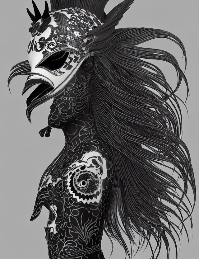 Image similar to 3 d goddess close - up profile simple portrait punk with mohawk with ram skull. beautiful intricately detailed japanese crow kitsune mask and clasical japanese kimono. betta fish, jellyfish phoenix, bio luminescent, plasma, ice, water, wind, creature, artwork by tooth wu and wlop and beeple and greg rutkowski