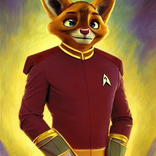 Image similar to a portrait of chief boggo in a starfleet uniform star trek chief engineer. zootopia fursona furaffinity furry art detailed face highly detailed painting by gaston bussiere craig mullins jc leyendecker gustav klimt artgerm greg rutkowski furry