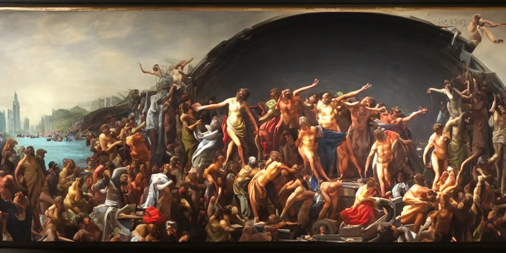 Image similar to a mix between the raft of the medusa and the school of athens, matte painting, oil canvas, photorealistic illustration, extreme detail, hyper realistic, highly detailed