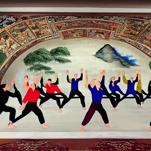 Prompt: tai chi class in the style of a sistine chapel fresco
