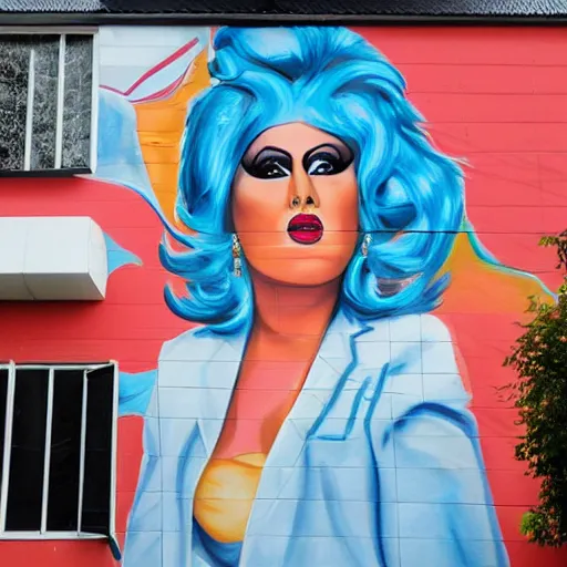 Image similar to gorbachev drag queen painting on building detailed