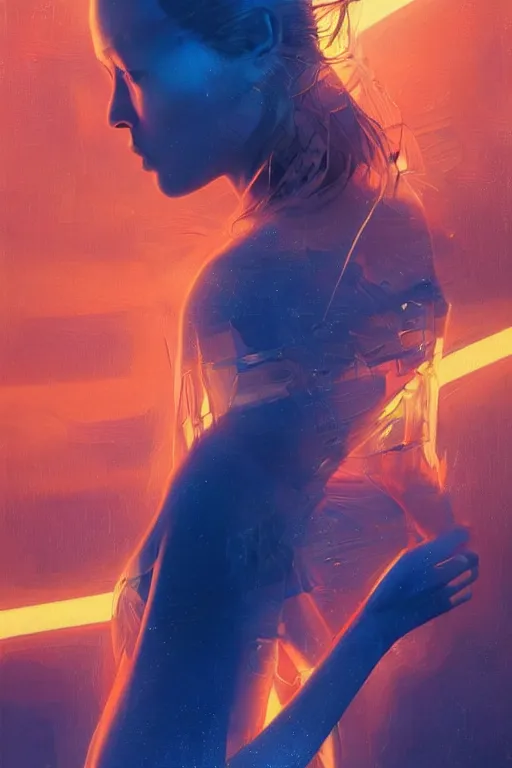 Image similar to 3 d, sci - fi, morning, sleepy fashion model face, sun, neon, cinematic, lightning clouds, vogue cover style, poster art, light orange and deep blue mood, realistic painting, intricate oil painting, high detail, figurative art, multiple exposure, poster art, 3 d, by tooth wu and wlop and beeple and greg rutkowski