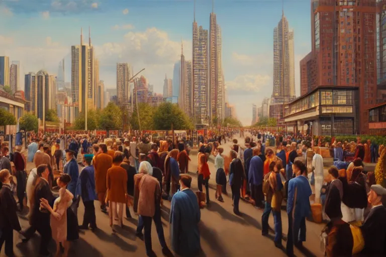 Image similar to ( ( a beautiful 8 k photorealistic masterpiece oil painting ) ( of ( utopia of a society where people are happy to go to work ) ) ( hyperrealism ) ( 1 6 k ) ( trending on artstation )