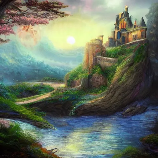 Image similar to castle, celestia, eden, river, fantasy artwork, award winning, very very very very very very very beautiful scenery, artstation