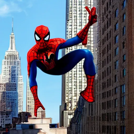 Prompt: spider - man falling from a building the background is the city of new york great photograph