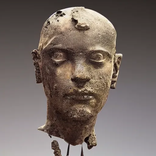 Image similar to an extremely ancient ironman bust that is tarnished and covered in sediment from uncovered earth expedition, rare photograph, smithsonian,