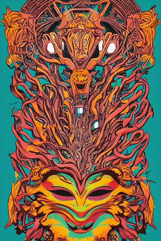 Image similar to animal mask totem roots flower tribal feather gemstone plant wood rock shaman vodoo video game vector cutout illustration vivid multicolor borderlands comics by josan gonzales and dan mumford radiating a glowing aura