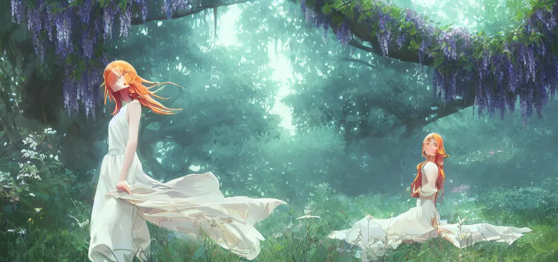 Image similar to a beautiful southern woman named Savannah, innocent, somber turquoise eyes, freckles, long ginger hair tied with white ribbon, sad under a wisteria plant, gentle lighting, storm in the distance, simple dress, digital art by Makoto Shinkai ilya kuvshinov and Wojtek Fus, digital art, concept art,