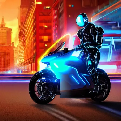 Image similar to a cyber man driving a futuristic neon motorcycle fast on a urban road in the nighttime, digital art, realistic, detailed, mysterious, dramatic, cinematic