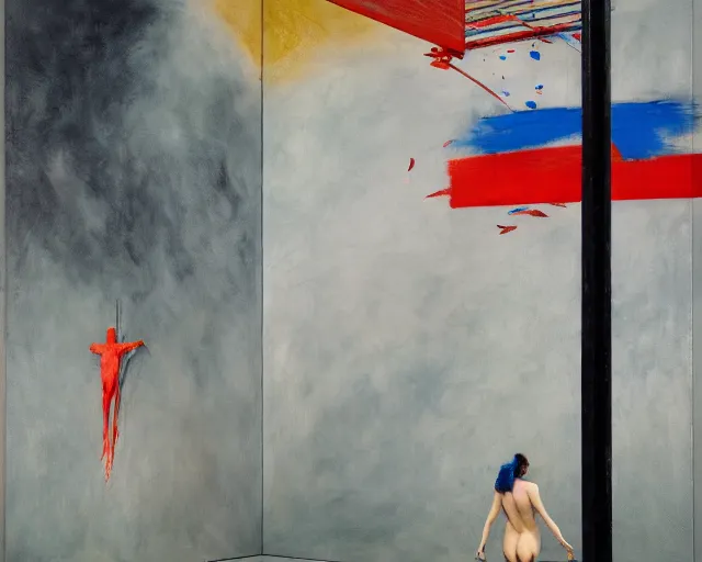 Image similar to two models hoist a flag up a pole in an abstract landscape by james jean and luc tuymans and beeple and hernan bas and pat steir and hilma af klint, psychological, 3 d, dripping paint, high quality render, masterpiece