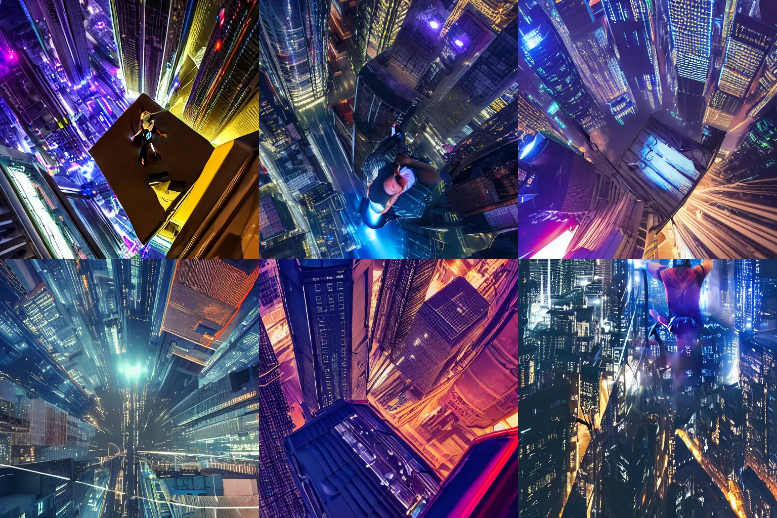 Prompt: An arial view of a man climbing a tall building rooftopping roofing, in a cybernetic sci-fi city at night, neon, led screens, haze, concept art by xuteng pan Albert Ramon Puig Masashi Imagawa straight down vertical photography wide shot Vadim Makhorov Vitaliy Raskalov 8k 4k artstationhd artstationhq artstation matte painting