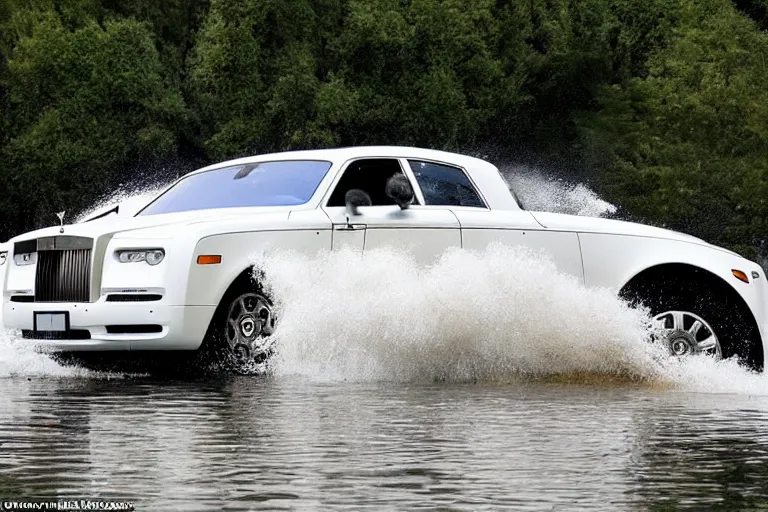 Image similar to Teenagers push Rolls-Royce into lake with their hands from a small slide wanting to drown him