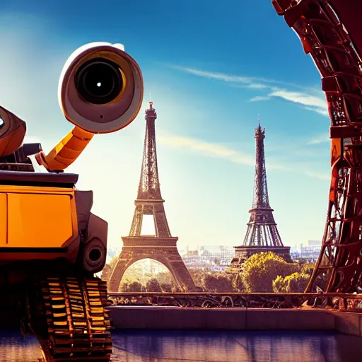 Image similar to wall - e visiting the eiffel tower, realism, 4 k, rim lighting,