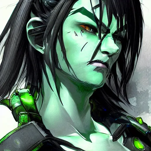 Image similar to character portrait of a green orc female, light green tone beautiful face by yoji shinkawa