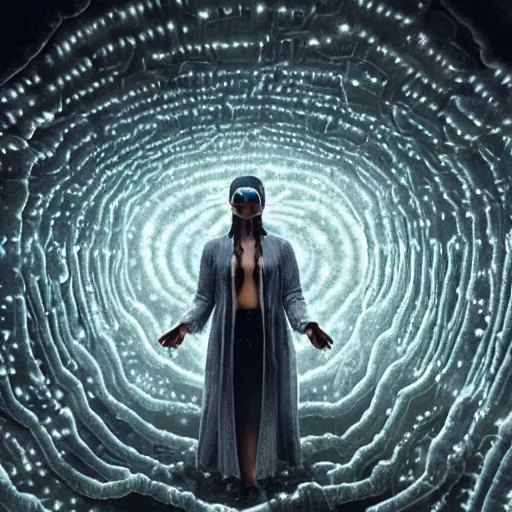 Prompt: westworld host, third eye aboriginal shamans, intermediate state between woman man, indigenous embossed hyphae, cumulonimbus storm, time machine tunnel thunder energy portal exploding through their visions, virtual reality brain to brain sensing interface communicating thoughts directly from one mind to another to mothership earth planet, gregory crewdson