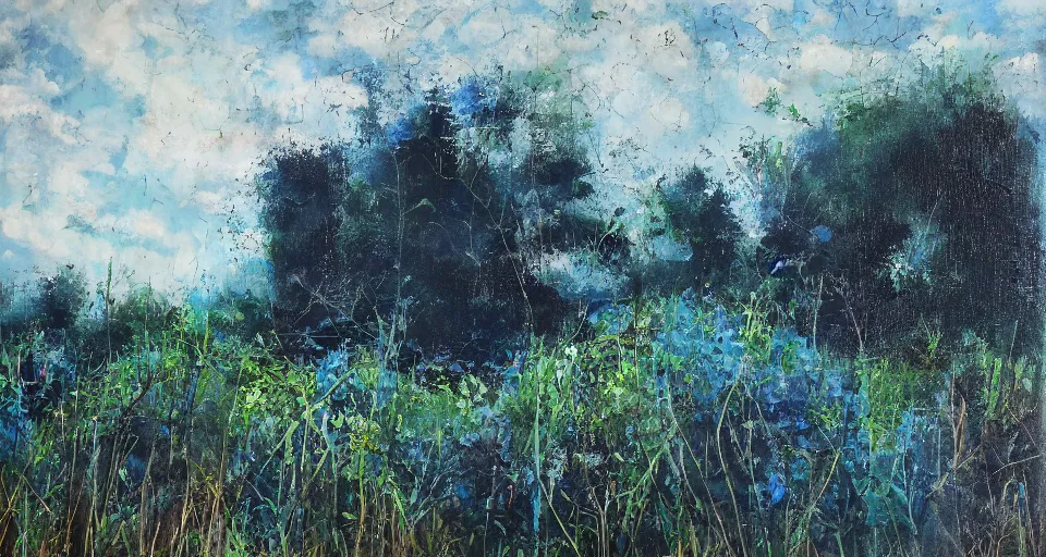 Prompt: an endless flat world of concrete, overgrown with vegetation, blue sky with clouds, beautiful painting, oil on canvas, by Ewa Czarniecka, award winning masterpiece,