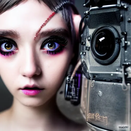 Image similar to prompt, modelsociety, radiant skin, huge anime eyes, steampunk, rtx on, perfect face, intricate, sony a 7 r iv, symmetric balance, polarizing filter, photolab, lightroom, 4 k, dolby vision, photography award