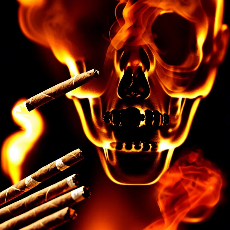 Prompt: a portrait of a glass skull smoking a perfectly symmetrical cuban cigar, cinematic photography, smoke rising like clouds, beautifully symmetrical, super resolution, cgi, volumetric lighting & shadows, hyper detailed, 8 k, unreal engine,