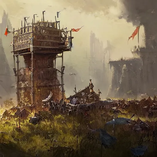 Image similar to a moving siege tower with cart wheels, crossbow on the tower, epic fantasy style art by Craig Mullins, fantasy epic digital art, epic fantasy card game art by Greg Rutkowski