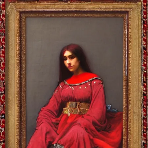 Prompt: orientalist portrait of a moorish woman wearing a red dress selling tapestries in a busy marketplace intricate artwork by Fabio Fabbi and john william waterhouse and Edwin Longsden Long and Nasreddine Dinet and Theodore Ralli trending on artstation, very coherent symmetrical artwork high detail 8k