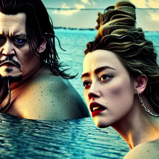 Prompt: Amber Heard and Johnny Depp are sumo fighting, highly detailed faces, artstation, matte painting, highly detailed, intricate, dramatic cinematic lighting, octane render, 8k, unreal engine