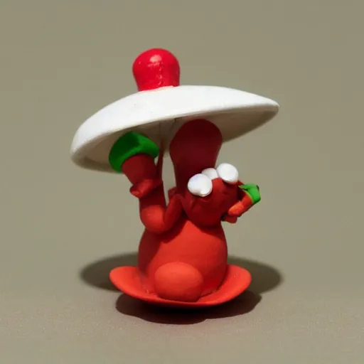 Prompt: clay model of a frog holding a red and white toadstool as a parasol