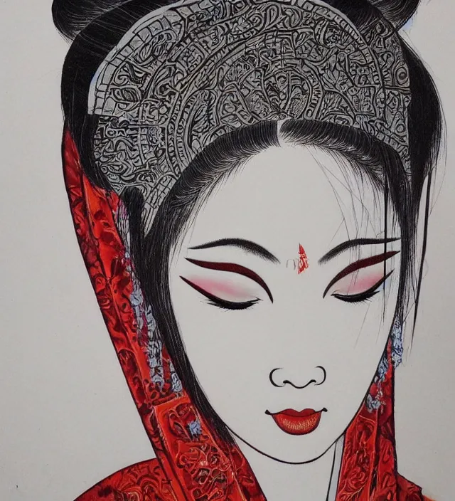 Prompt: old asian religion art vibrant drawing painting of a beautiful girl portrait in alex ross frank miller gantz miura kentaro giger escher style detailed trending award winning